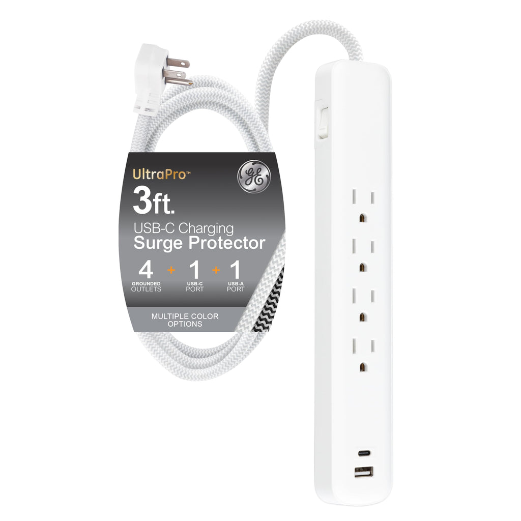 GE UltraPro 4 Outlet Surge Protector, USB-C Charging, 3 ft Designer Braided Cord, 1060 Joules, Compatible w/ iPhone 12/11/Pro/Max/Xs/XR/X/8, Samsung Galaxy S21/S10/S9/Plus, Google Pixel, White, 41354