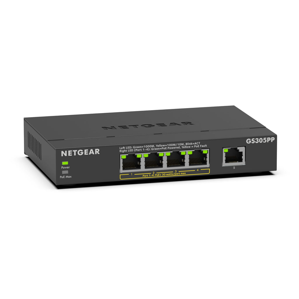 NETGEAR 5-Port Gigabit Ethernet Unmanaged PoE Switch (GS305PP) - with 4 x PoE+ @ 83W, Desktop or Wall Mount