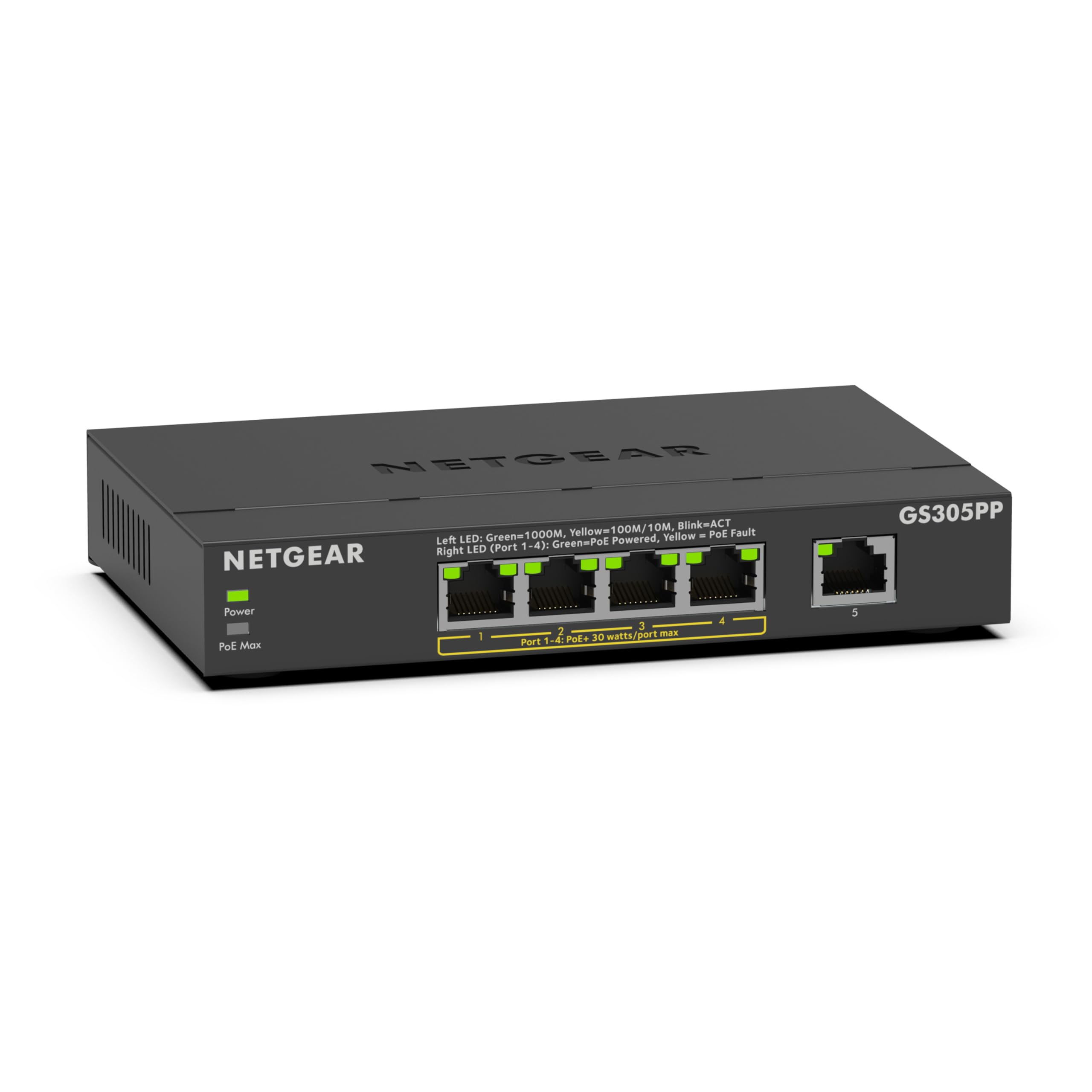 NETGEAR 5-Port Gigabit Ethernet Unmanaged PoE Switch (GS305PP) - with 4 x PoE+ @ 83W, Desktop or Wall Mount