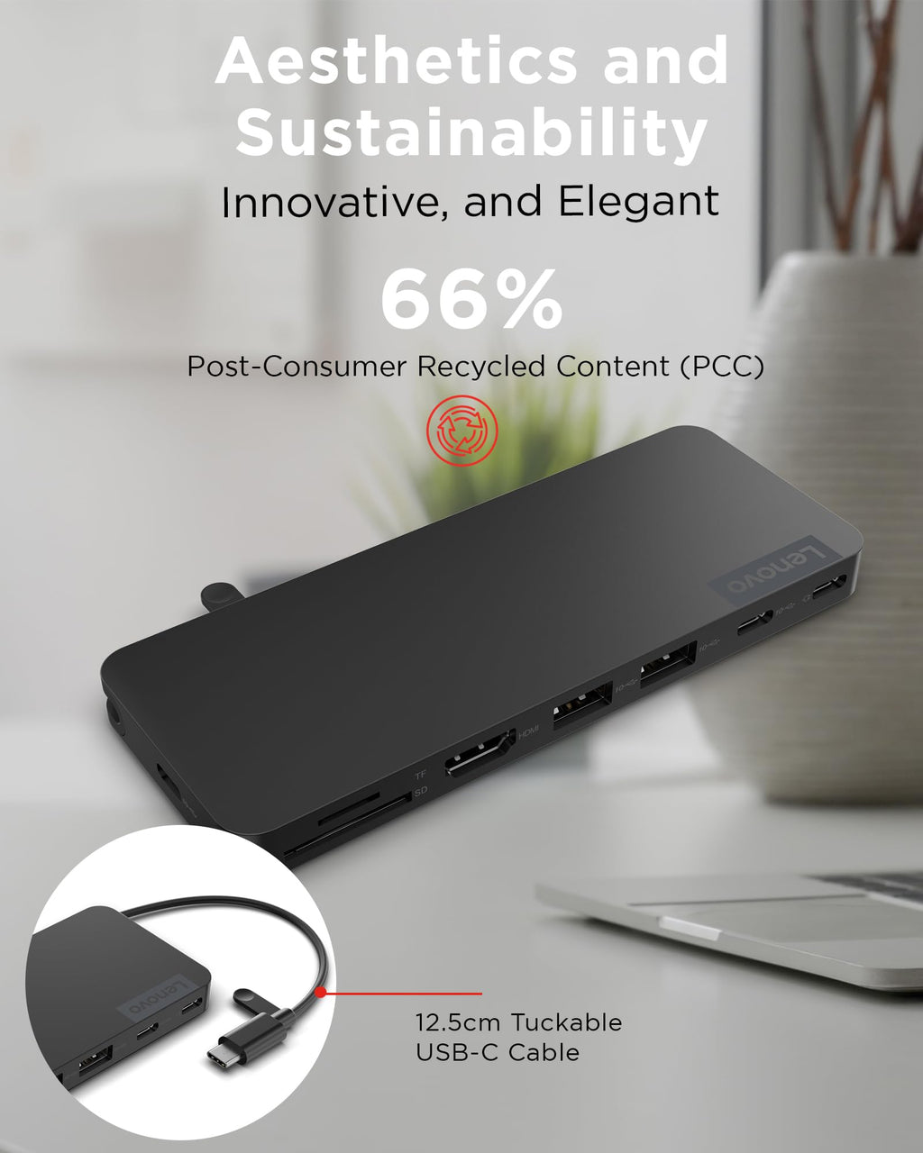 Lenovo USB-C Slim Travel Dock, 8 Ports, Up to 65W PD Pass Through, Integrated USB-C Cable, 4K Display Support, Black
