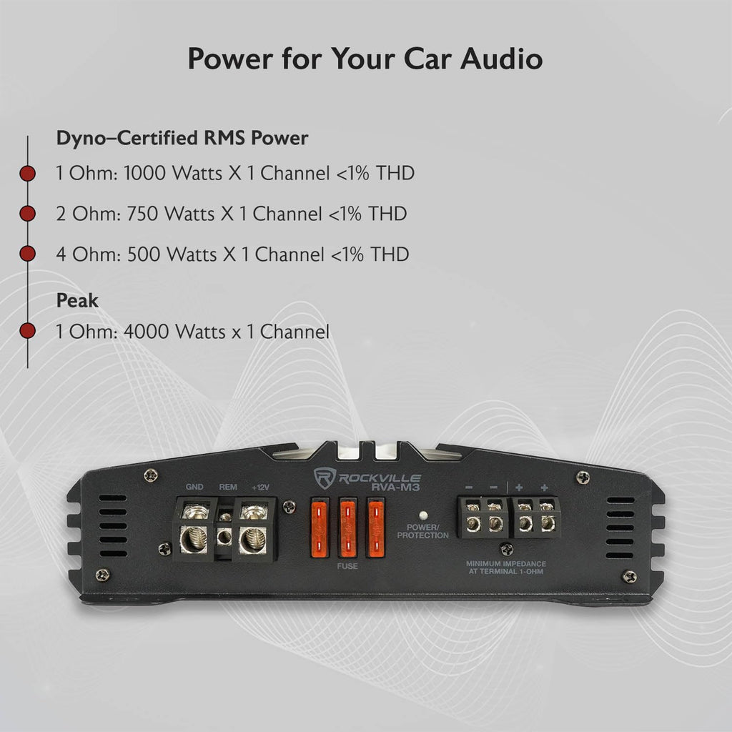 Rockville RVA-M3 V2 Mono Car Amplifier, 4000W, 1000W Dyno-Certified RMS @ 1 Ohm, Class-D, MOSFET, Bass Remote, Perfect for Subwoofers and Car Audio