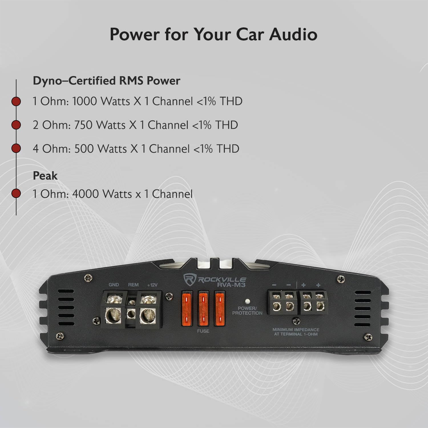 Rockville RVA-M3 V2 Mono Car Amplifier, 4000W, 1000W Dyno-Certified RMS @ 1 Ohm, Class-D, MOSFET, Bass Remote, Perfect for Subwoofers and Car Audio