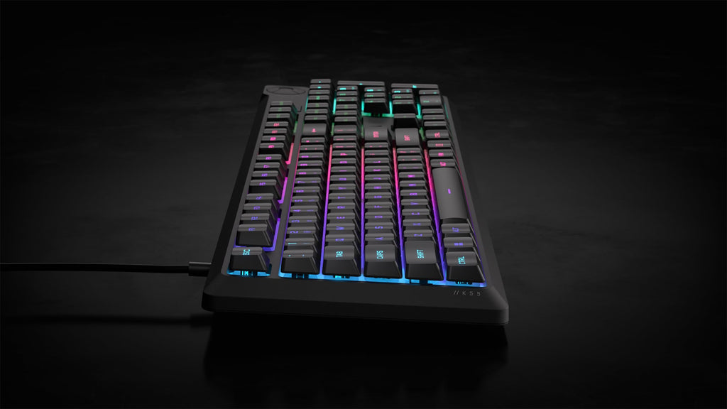 Corsair K55 CORE RGB Membrane Wired Gaming Keyboard � Quiet, Responsive Switches � Spill Proof � RGB with Ten Zones � Media Keys � iCUE Compatible � QWERTY NA � PC, Mac � Black