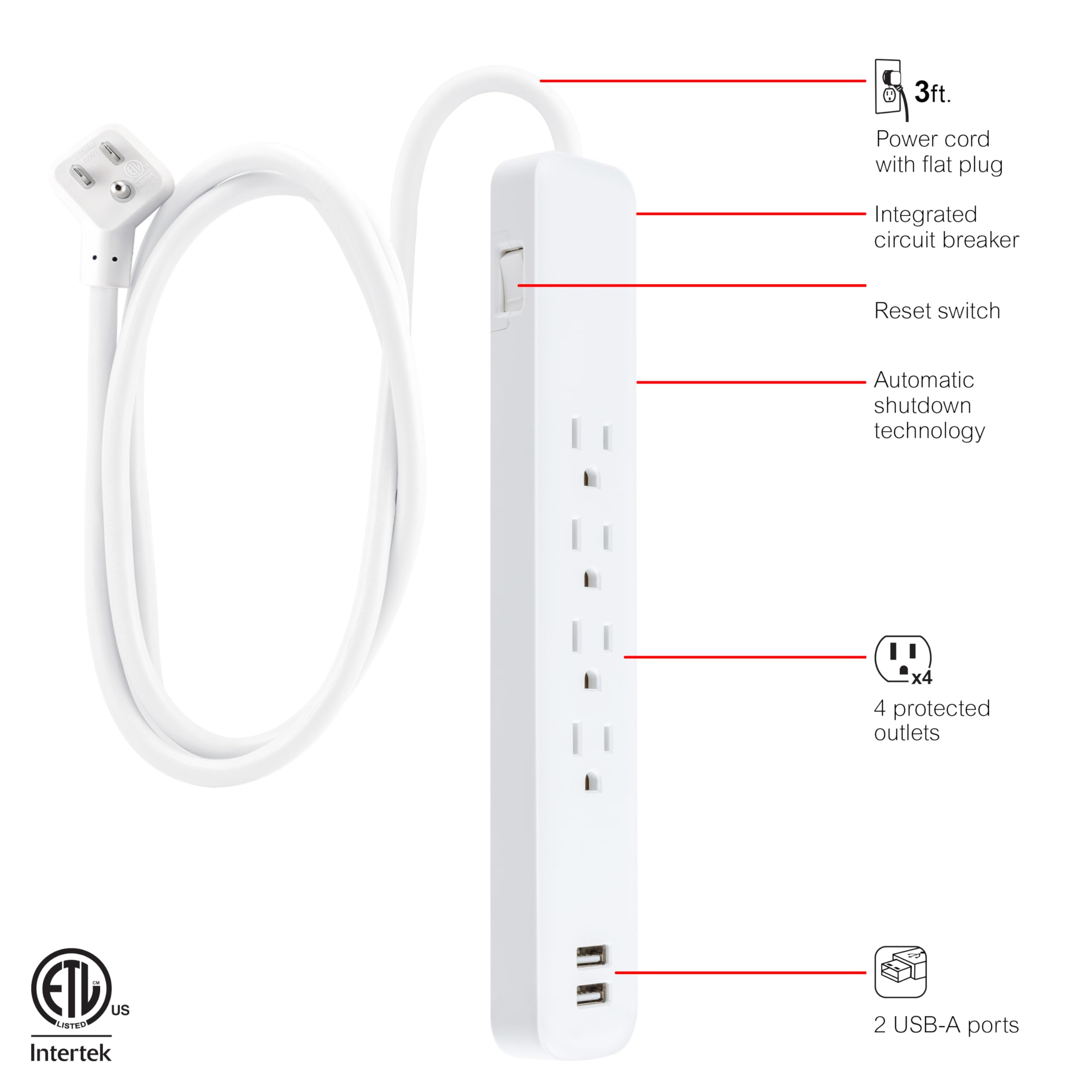 GE 4-Outlet Surge Protector, 2 USB Ports, 3 Ft Power Cord, 560 Joules, Flat Plug, Automatic Shutdown Technology, Circuit Breaker, Warranty, UL Listed, Black, 37212