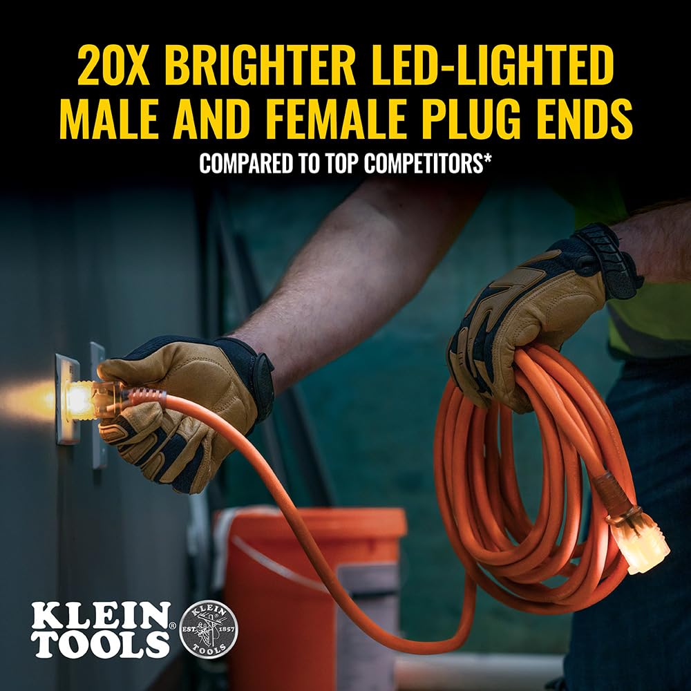 Klein Tools EXC2515 12/3 25-Foot Heavy-Duty Extension Cord with Lighted Ends, 3-Prong, 15A/125V/1875W, Indoor/Outdoor, High Visibility Orange