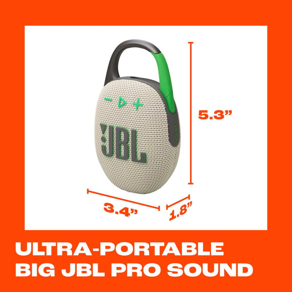 JBL Clip 5 - Ultra-Portable, Waterproof & Dustproof Bluetooth Speaker, Big Pro Sound with punchy bass, Integrated carabiner, Up to 12 Hours of Play, Made in part with recycled materials (Sand)