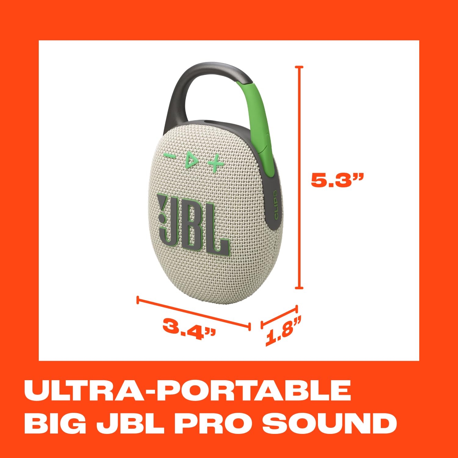 JBL Clip 5 - Ultra-Portable, Waterproof & Dustproof Bluetooth Speaker, Big Pro Sound with punchy bass, Integrated carabiner, Up to 12 Hours of Play, Made in part with recycled materials (Sand)