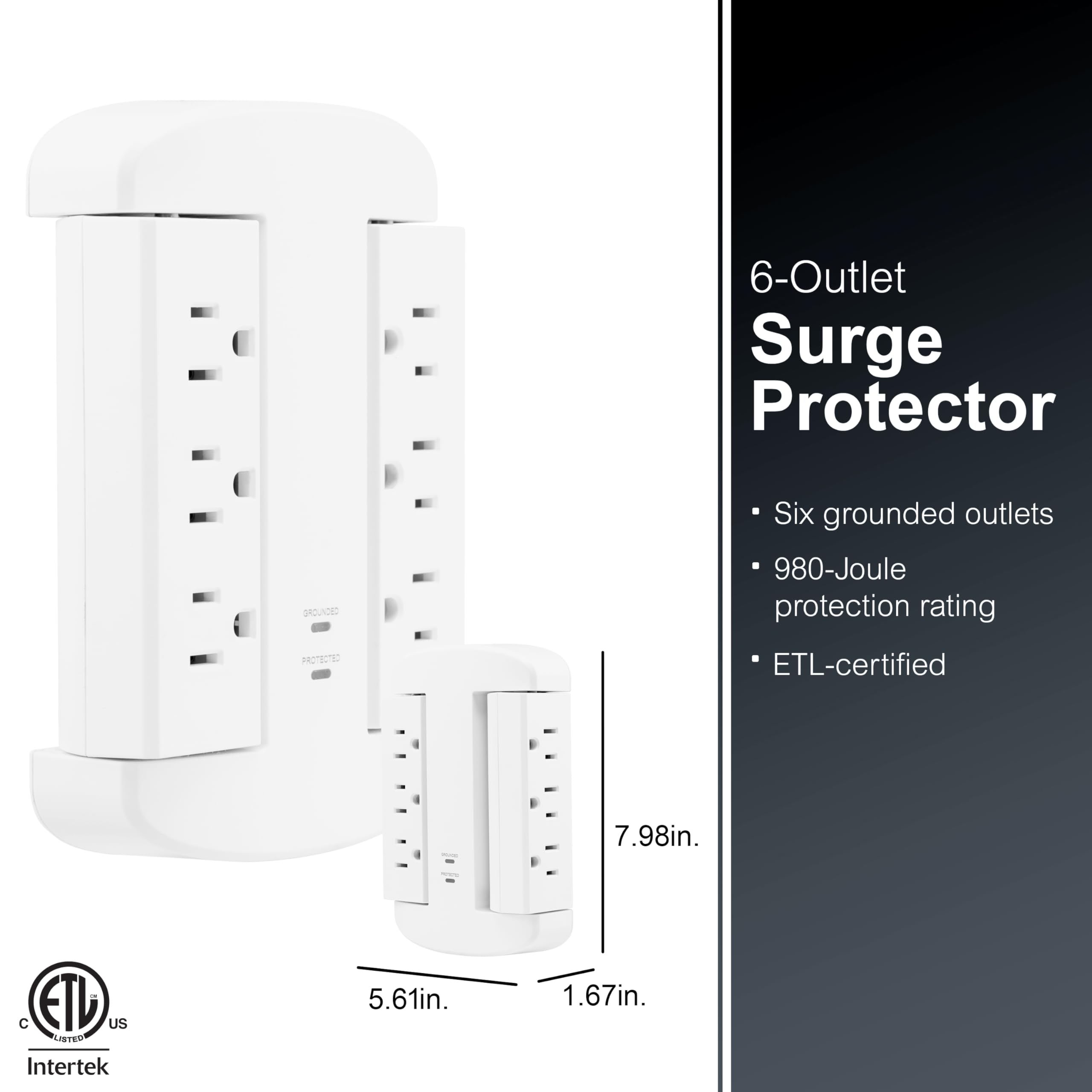 GE 6-Outlet Extender, Surge Protector, Swivel Side Access, Wall Tap Adapter, 3-Prong, 980 Joules, ETL Listed, White, 81781