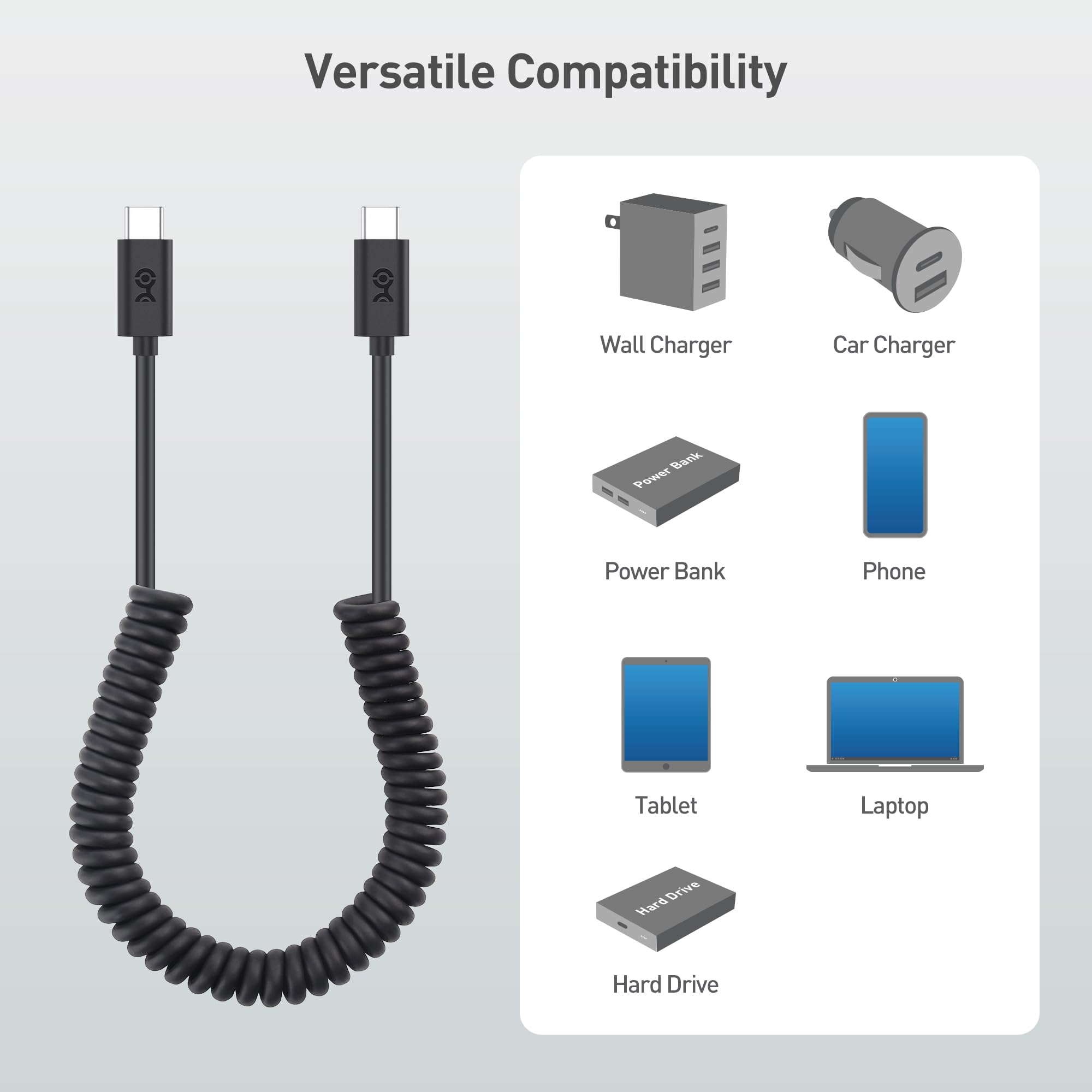 Cable Matters Coiled USB C to USB C Cable 1-4 Feet, Up to [60W Charging, 480Mbps Data Transfer] Compatible with Apple CarPlay, Android Auto, USBC Charger Cable for iPhone 16/15, Galaxy S24