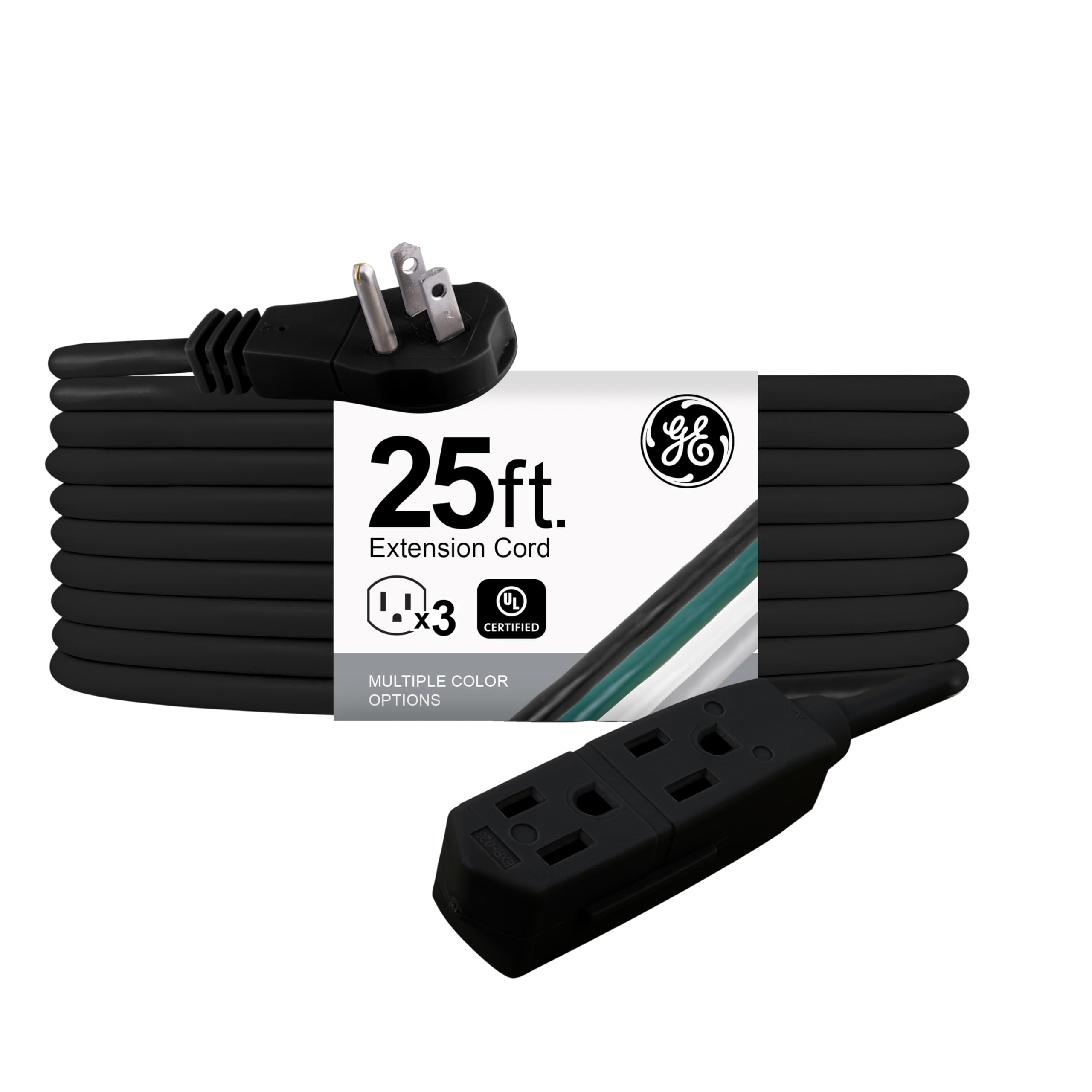 GE Indoor Extension Cord, 25 Ft Power Cable Outlet, 3 Grounded Outlets Power Strip, Right Angle Flat Extension Cord, 16 Gauge, UL Listed, Black, 69921