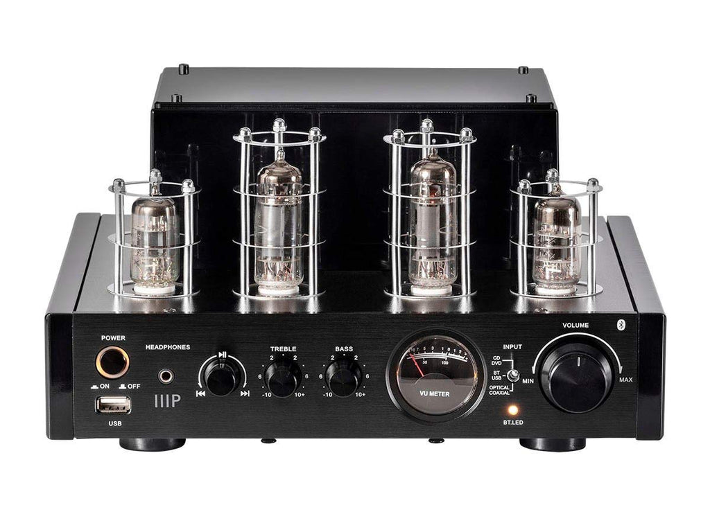 Monoprice 138360 25 Watt Stereo Hybrid Tube Amplifier 2019 Edition with Bluetooth Optical Coaxial and USB Inputs and Subwoofer Out