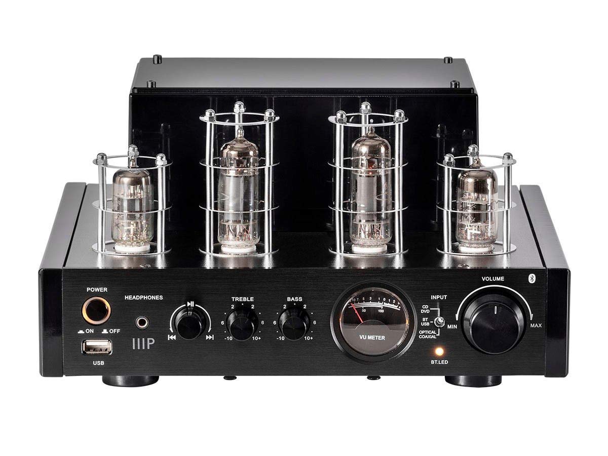 Monoprice 138360 25 Watt Stereo Hybrid Tube Amplifier 2019 Edition with Bluetooth Optical Coaxial and USB Inputs and Subwoofer Out