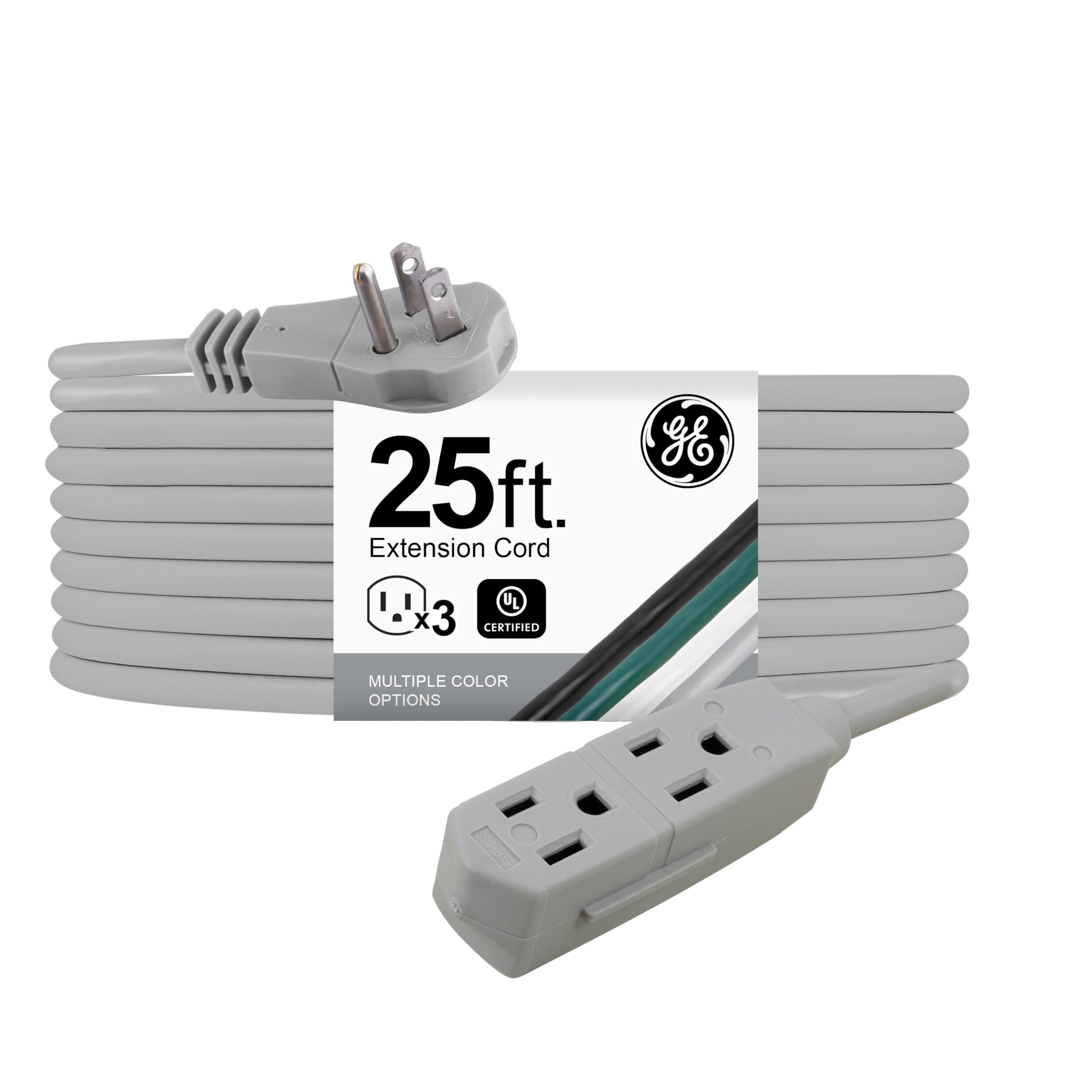 GE Indoor Extension Cord, 25 Ft Power Cable, 3 Grounded Outlets, 3-Prong, Low-Profile Flat Plug, 16 Gauge, UL Listed, Gray, 43025,1 Pack