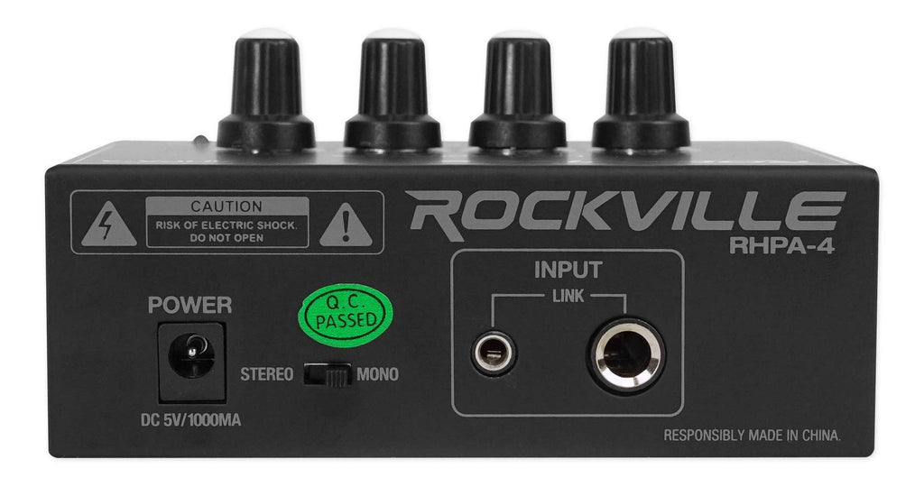 Rockville RHPA4 4-Channel Headphone Amplifier, Stereo/Mono Switch, Dual 1/4" and 3.5mm Outputs per Channel, USB Power, for Studio and Podcast Monitoring