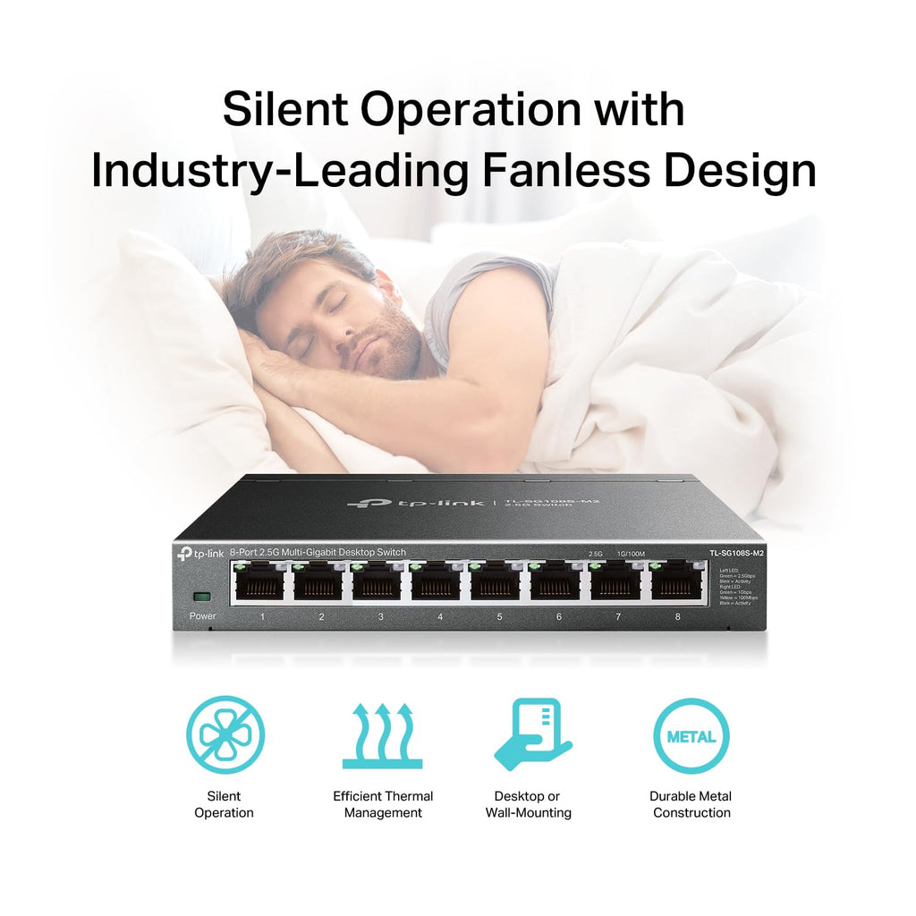 TP-Link TL-SG108S-M2 | 8-Port 2.5G Multi-Gigabit Unmanaged Network Switch, Ethernet Splitter | 2.5G Bandwidth | Plug & Play | Desktop/Wall-Mount | Fanless Metal Design | Limited Lifetime Protection