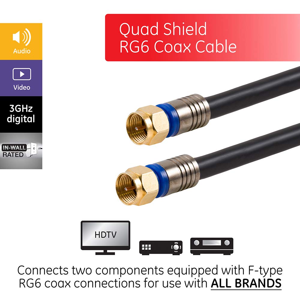 GE RG6 Coaxial Cable, 100 ft. F-Type Connectors, Quad Shielded Coax Cable, 3 GHz Digital, In-Wall Rated, Ideal for TV Antenna, DVR, VCR, Satellite, Cable Box, Home Theater, Black, 34842