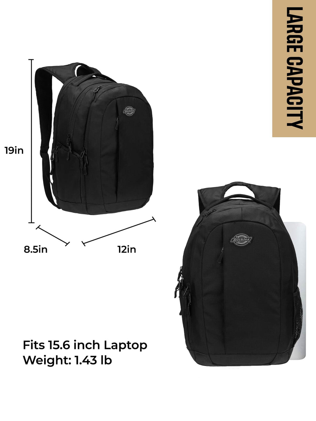 Dickies Laptop Backpack, Water Resistant College Computer Bag For School, Fits 15.6 Inch Notebook (Black)