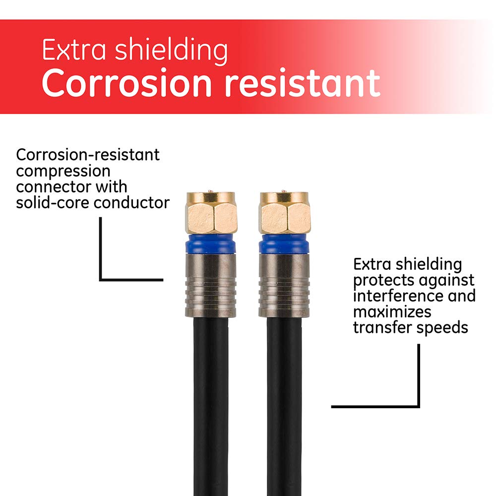 GE RG6 Coaxial Cable, 100 ft. F-Type Connectors, Quad Shielded Coax Cable, 3 GHz Digital, In-Wall Rated, Ideal for TV Antenna, DVR, VCR, Satellite, Cable Box, Home Theater, Black, 34842