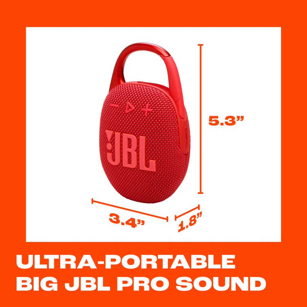 JBL Clip 5 - Ultra-Portable, Waterproof & Dustproof Bluetooth Speaker, Big Pro Sound with punchy bass, Integrated carabiner, Up to 12 Hours of Play, Made in part with recycled materials (Red)