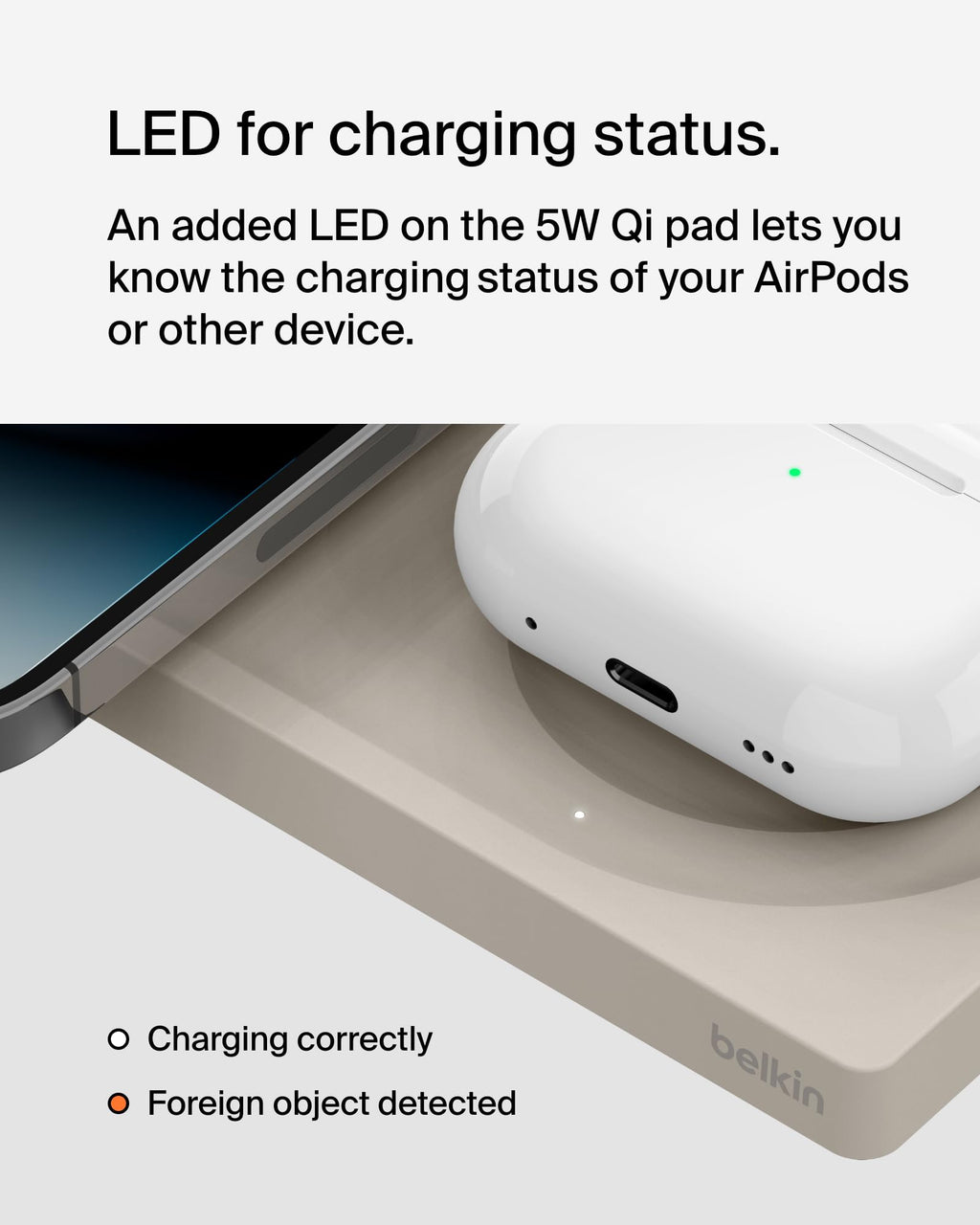 Belkin BoostCharge Pro 2-in-1 Wireless Charging Pad with MagSafe 15W, Fast Charging iPhone Charger Compatible with iPhone 15, 14, 13, and 12 Series, AirPods, and Other MagSafe Enabled Devices - Sand