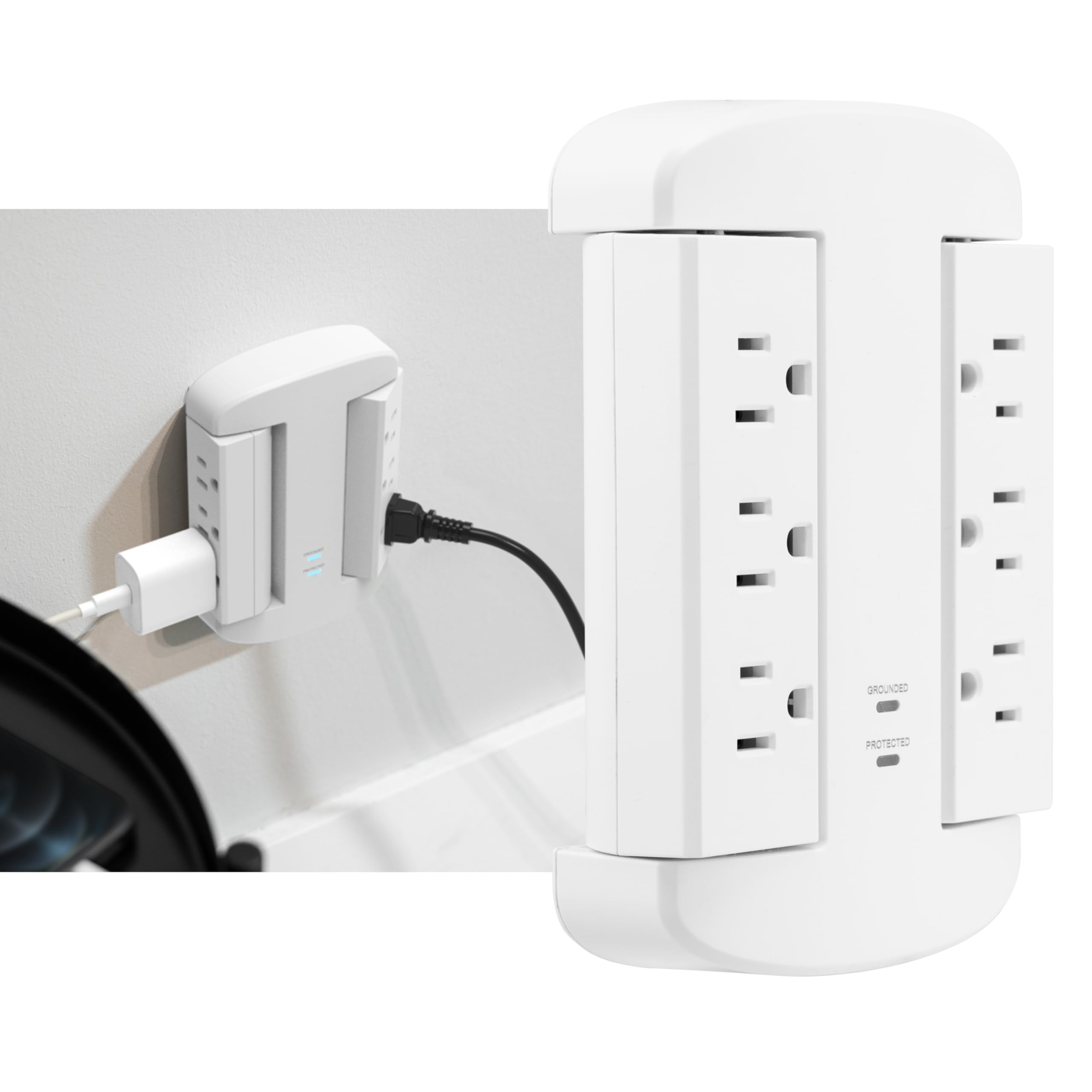 GE 6-Outlet Extender, Surge Protector, Swivel Side Access, Wall Tap Adapter, 3-Prong, 980 Joules, ETL Listed, White, 81781