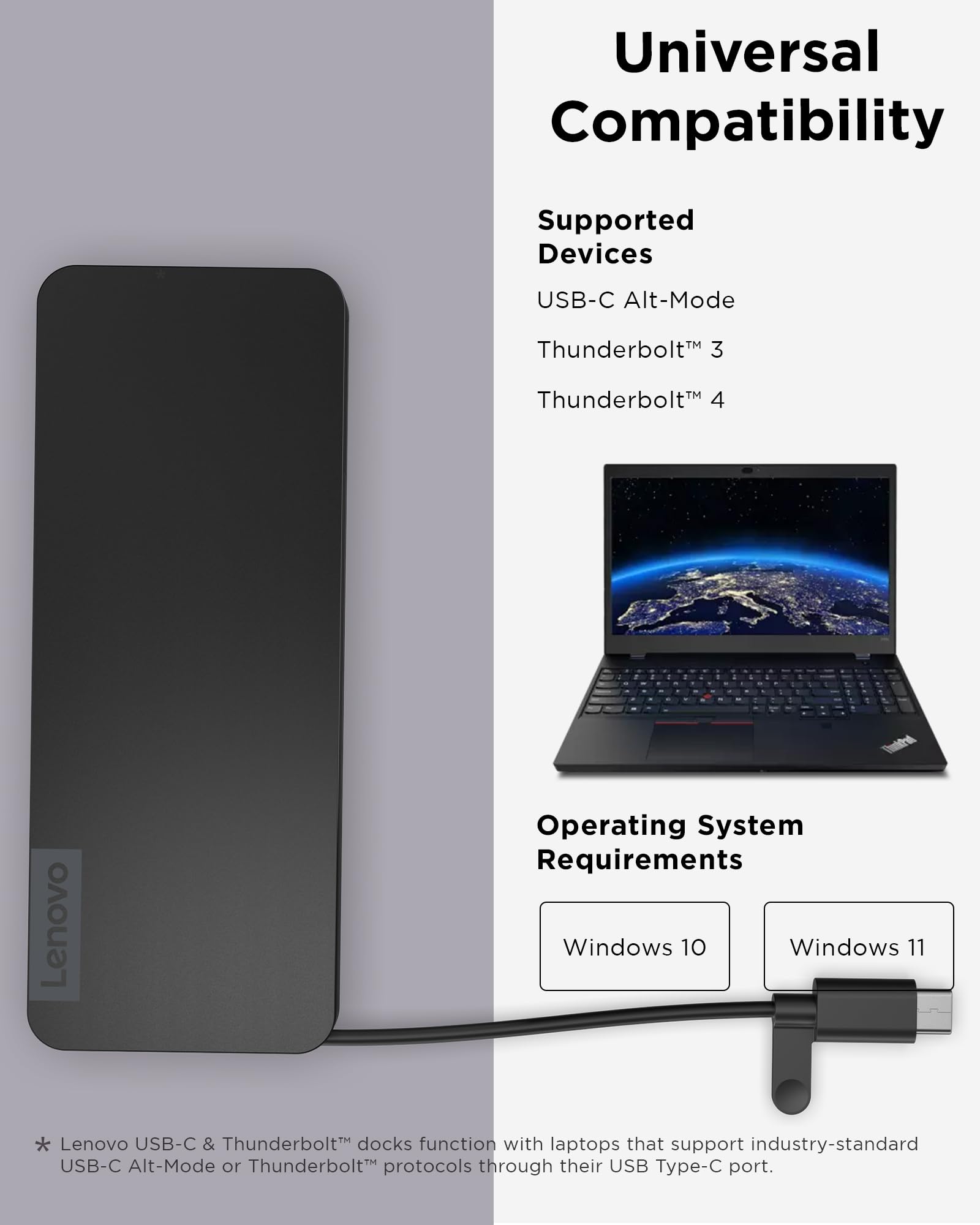 Lenovo USB-C Slim Travel Dock, 8 Ports, Up to 65W PD Pass Through, Integrated USB-C Cable, 4K Display Support, Black