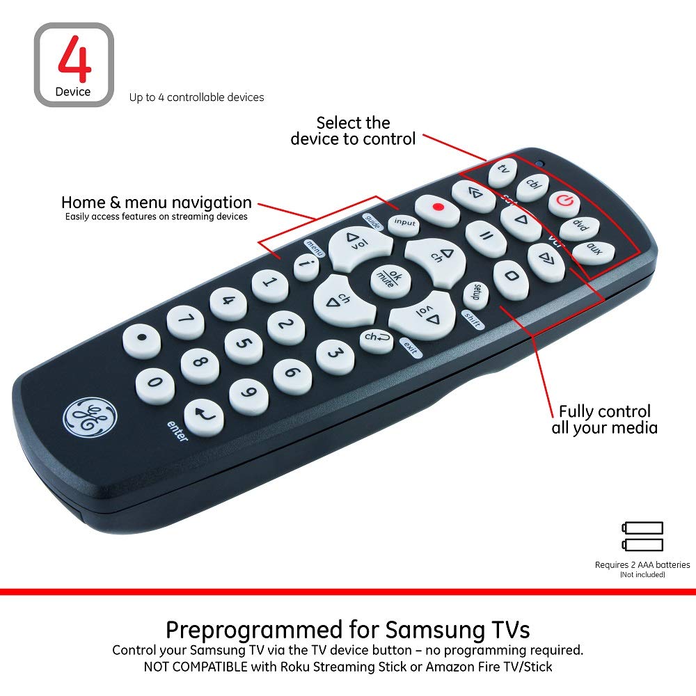 GE Universal Remote Control for Samsung, Vizio, LG, Sony, Sharp, Roku, Apple TV, RCA, Panasonic, Smart TVs, Streaming Players, Blu-ray, DVD, 4-Device, Black, 34708