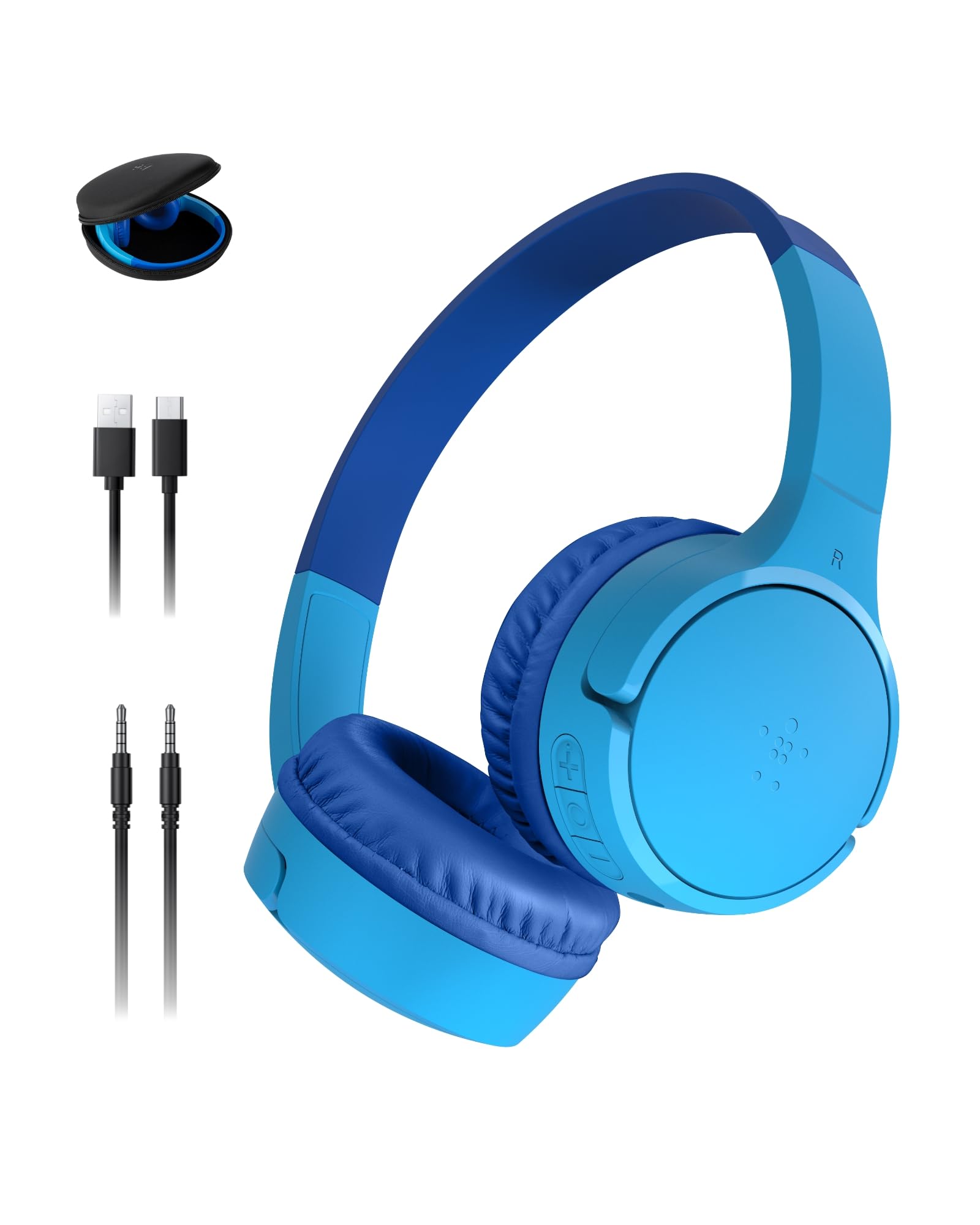 Belkin SoundForm Mini - Wireless Bluetooth Kids Headphones, 30H Battery, 85dB Safe Volume Limit, Built-in Microphone - Toddler On-Ear Earphones for iPhone, iPad - Ideal for School - Blue w/Case