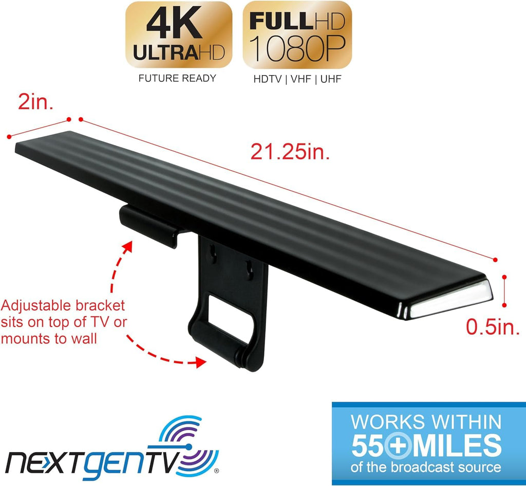 GE Amplified HD TV Antenna, Easy Mount to Top of TV Design, Supports 4K 1080P Digital HDTV VHF UHF, Long Range, Included Amplifier Signal Booster, AC Adapter, and 5 ft. Coax, Indoor, 37075