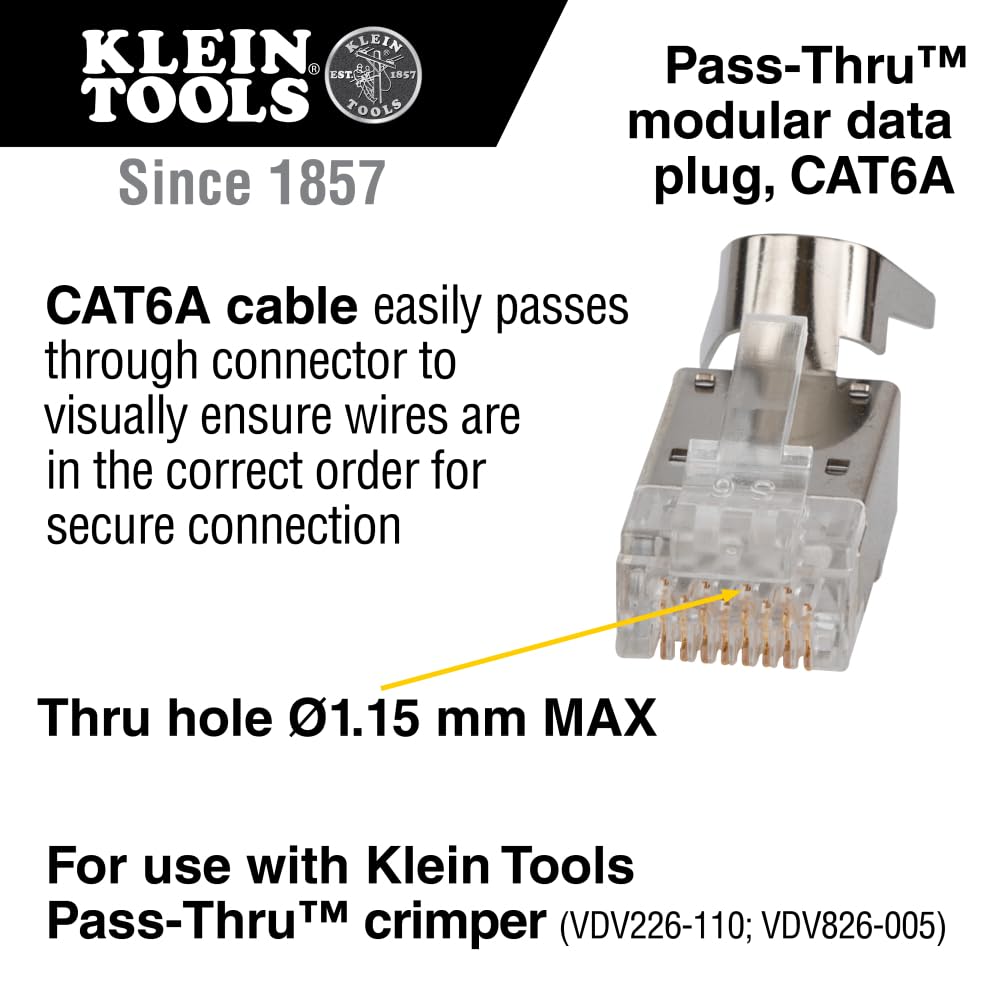 KLEIN TOOLS VDV826-705 Modular Data Plug for CAT6A Shielded Cable and Larger Diameter CAT6 Indoor or Outdoor Ethernet Cable, 50-Pack