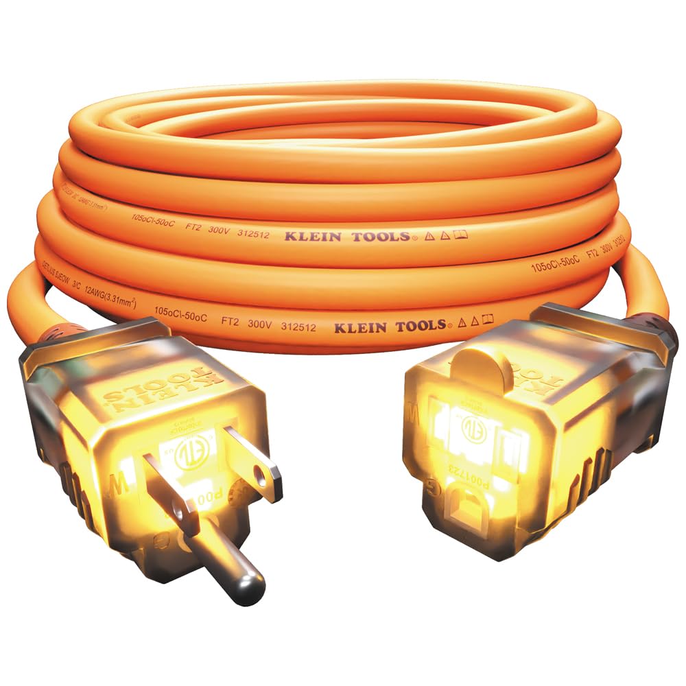 Klein Tools EXC2515 12/3 25-Foot Heavy-Duty Extension Cord with Lighted Ends, 3-Prong, 15A/125V/1875W, Indoor/Outdoor, High Visibility Orange