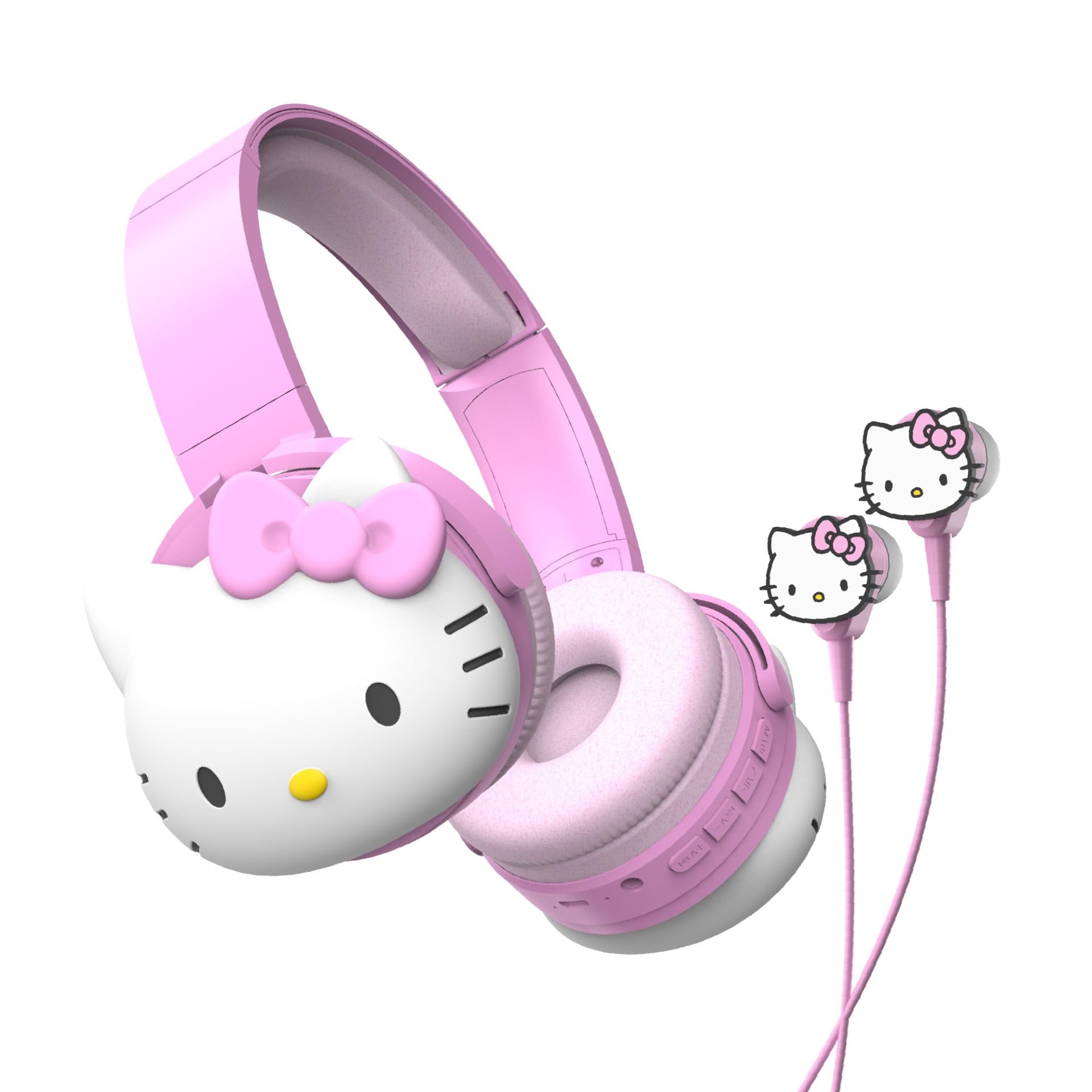 Hello Kitty 2-in-1 Wireless Bluetooth Headphones with Wired Earbuds - Foldable, Adjustable & Padded Headband, Onboard Controls, Squishy Ear Cups, Aux Cable Connectivity, Handsfree Calling