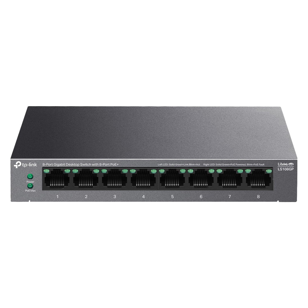 TP-Link LS108GP | 8-Port PoE Gigabit Ethernet Switch | 8 PoE+ Port @ 62W | Plug & Play | Extend, Priority & Isolation Mode | Desktop/Wall Mount | Silent Operation