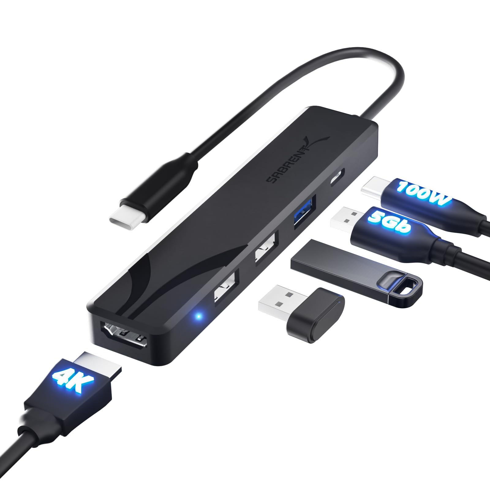 SABRENT USB C Hub, USB C to HDMI 4K@60Hz, Type C Hub Multiport Adapter, 100W Power Delivery, Compatible with MacBook, Laptop (HB-TC5P)