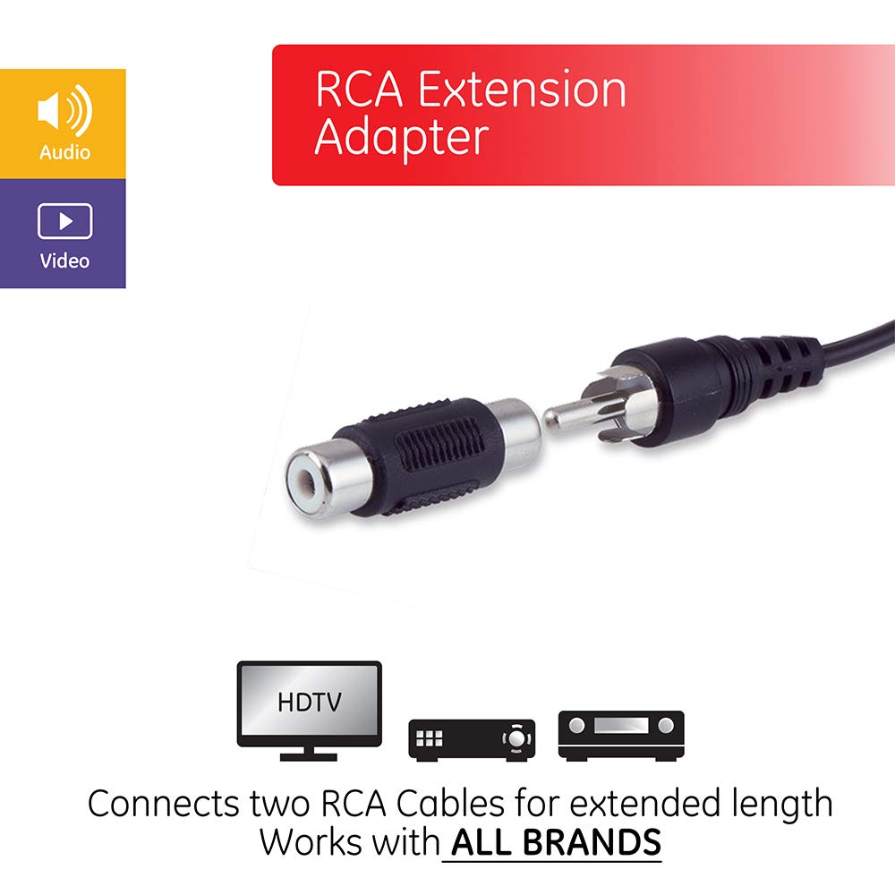 GE RCA Coupler Adapter, 2-Pack, Female-to-Female Connectors, Extend Length and Reach of RCA Cables, Audio Video Cable Extender Barrel, 33617
