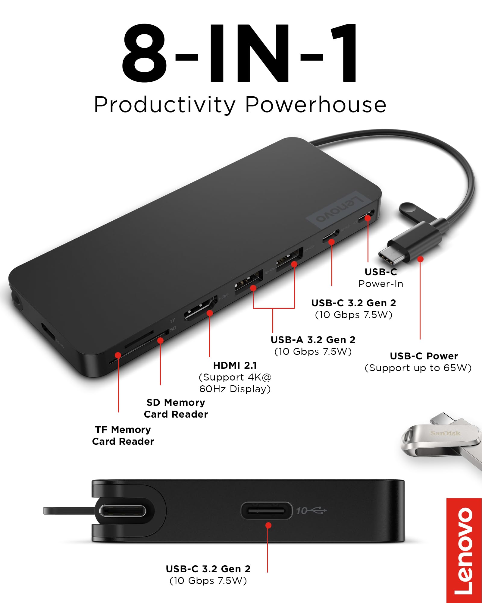 Lenovo USB-C Slim Travel Dock, 8 Ports, Up to 65W PD Pass Through, Integrated USB-C Cable, 4K Display Support, Black