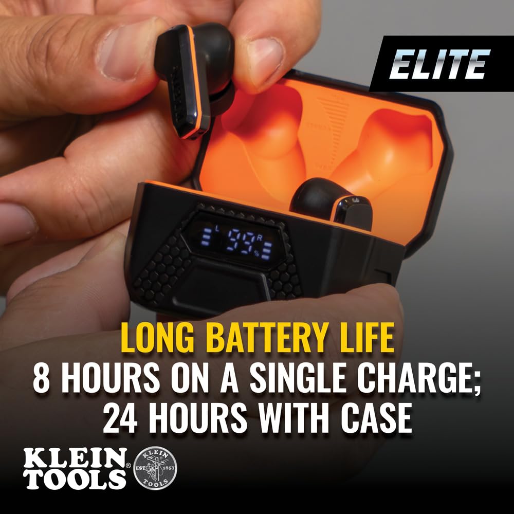 KLEIN TOOLS AESEB2 Elite Bluetooth Earbuds, Real Wireless Earplugs, NRR Hearing Protection 25 DB, 24 Hours Battery Life, Digital LED Display