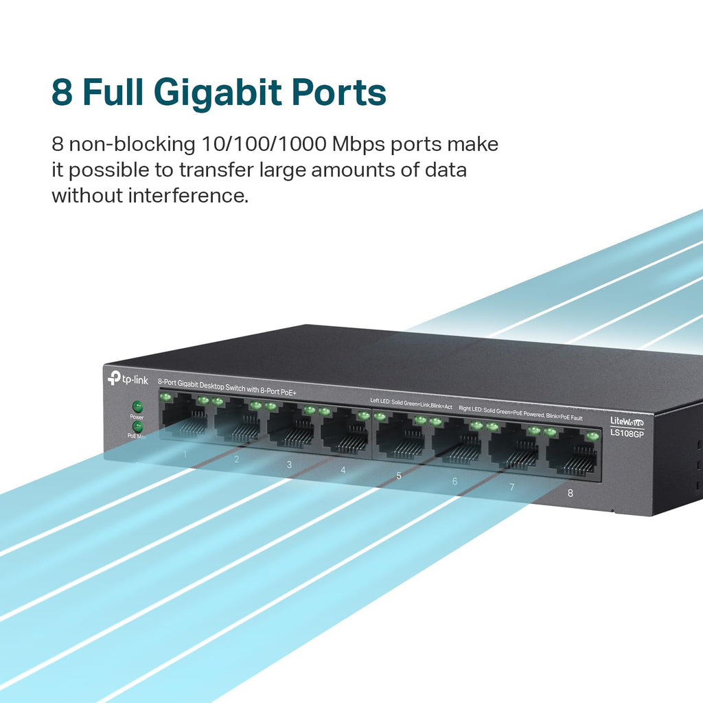 TP-Link LS108GP | 8-Port PoE Gigabit Ethernet Switch | 8 PoE+ Port @ 62W | Plug & Play | Extend, Priority & Isolation Mode | Desktop/Wall Mount | Silent Operation