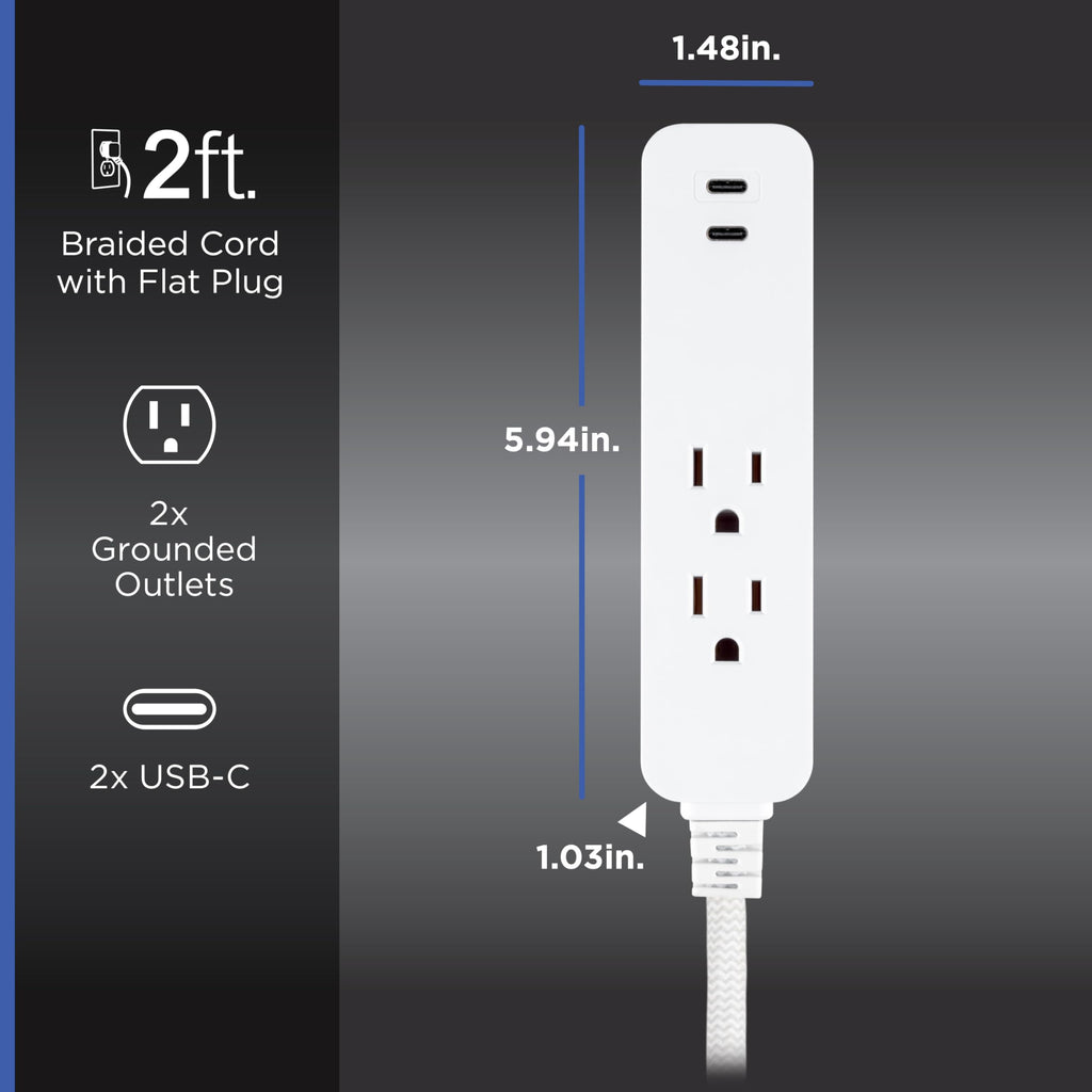 GE 6-Outlet & 2-Outlet Surge Protector Combo Pack with 2 USB-C Ports, 245 Joules, 2ft Braided Cords, Flat Plugs, ETL Certified, White, 86076