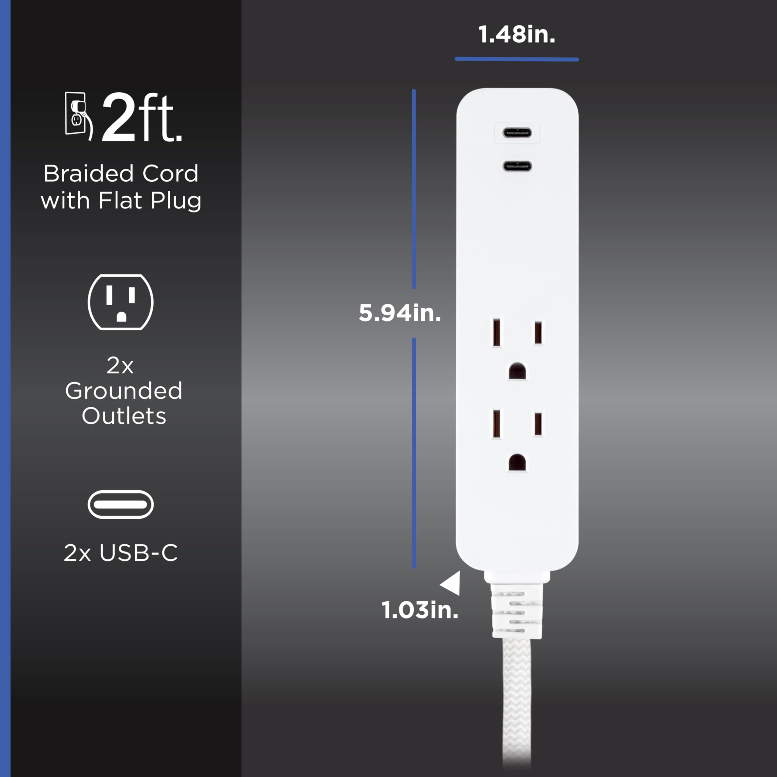 GE 6-Outlet & 2-Outlet Surge Protector Combo Pack with 2 USB-C Ports, 245 Joules, 2ft Braided Cords, Flat Plugs, ETL Certified, White, 86076