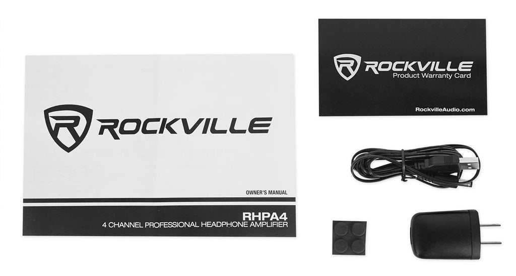 Rockville RHPA4 4-Channel Headphone Amplifier, Stereo/Mono Switch, Dual 1/4" and 3.5mm Outputs per Channel, USB Power, for Studio and Podcast Monitoring