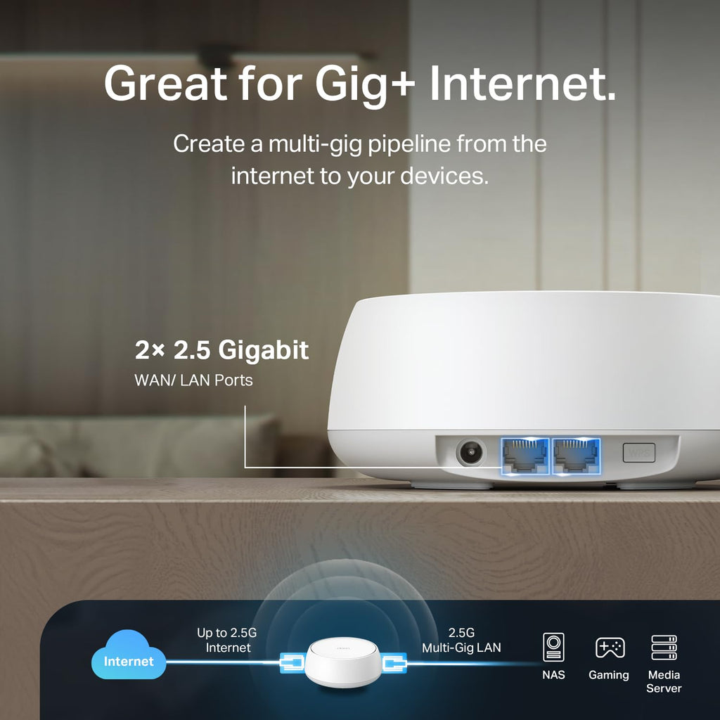 TP-Link Deco BE23 Dual-Band BE3600 WiFi 7 Mesh Wi-Fi System | 4-Stream 3.6 Gbps, 160 Mhz | Covers up to 6,500 Sq.Ft | 2× 2.5G Ports Wired Backhaul | VPN,MLO,AI-Roaming, HomeShield, 3-Pack