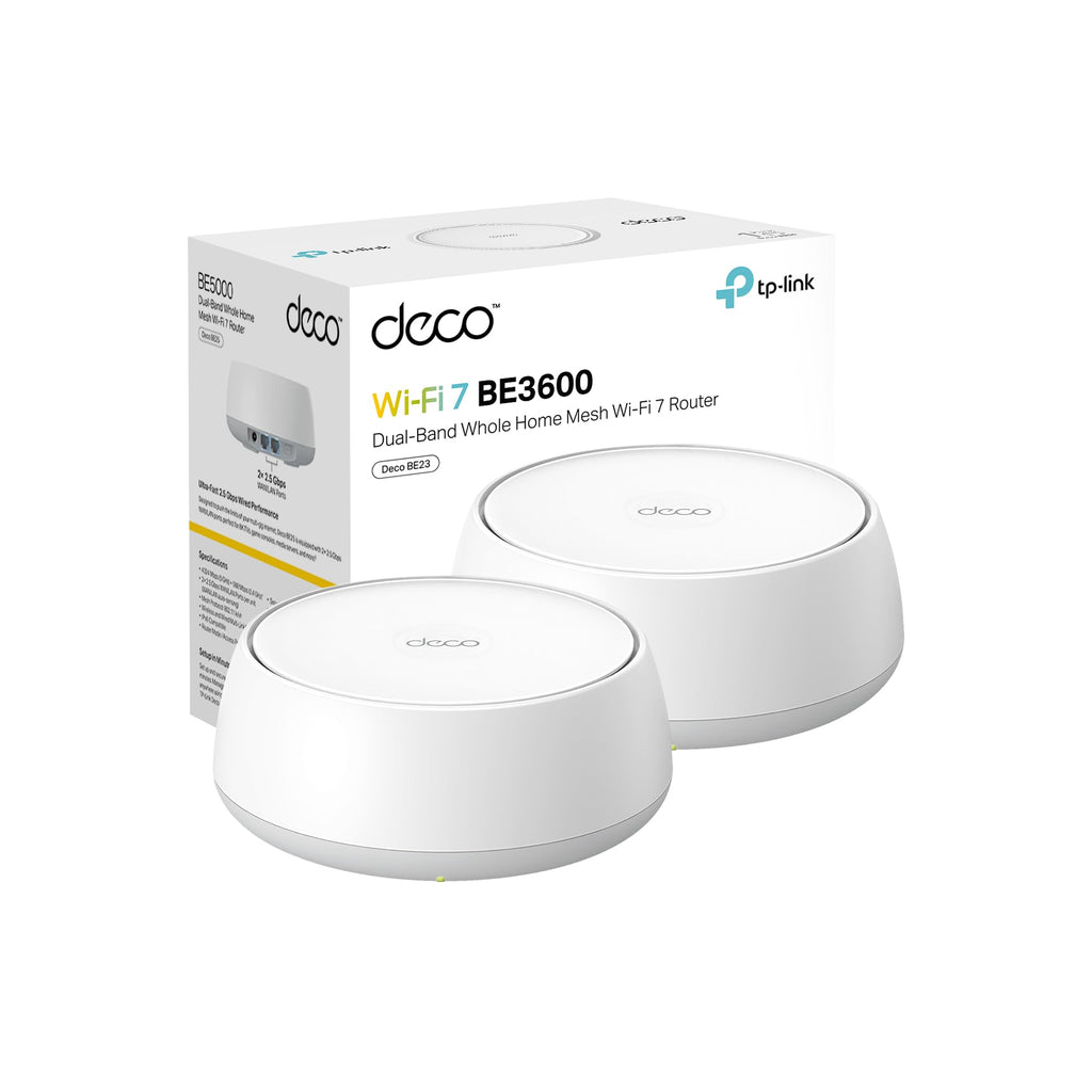 TP-Link Deco BE23 Dual-Band BE3600 WiFi 7 Mesh Wi-Fi System | 4-Stream 3.6 Gbps, 160 Mhz | Covers up to 4,500 Sq.Ft | 2× 2.5G Ports Wired Backhaul | VPN,MLO,AI-Roaming, HomeShield, 2-Pack