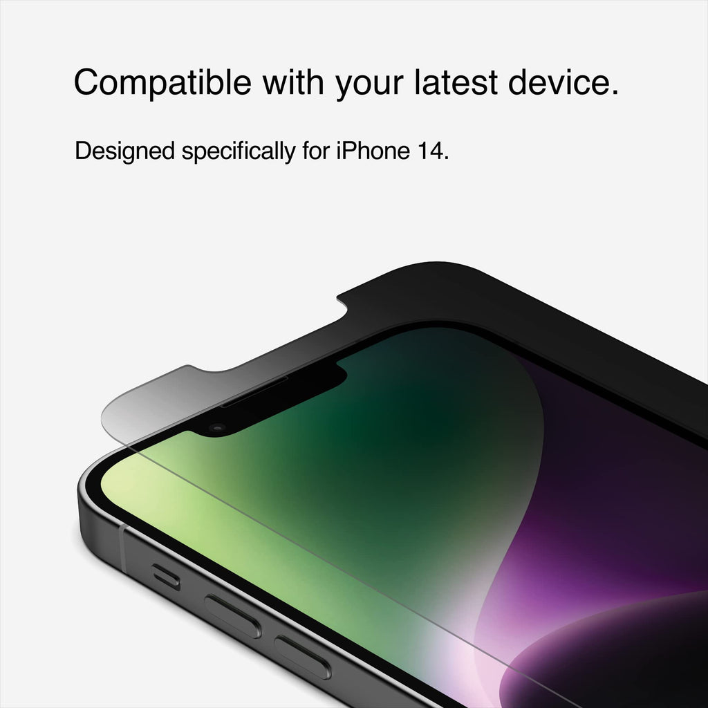 Belkin Privacy Tempered Glass Screen Protector for iPhone 14, 13 and 13 Pro, Treated Surface with Anti-Fingerprint Coating and Bubble Free Application with Included Easy Align Tray