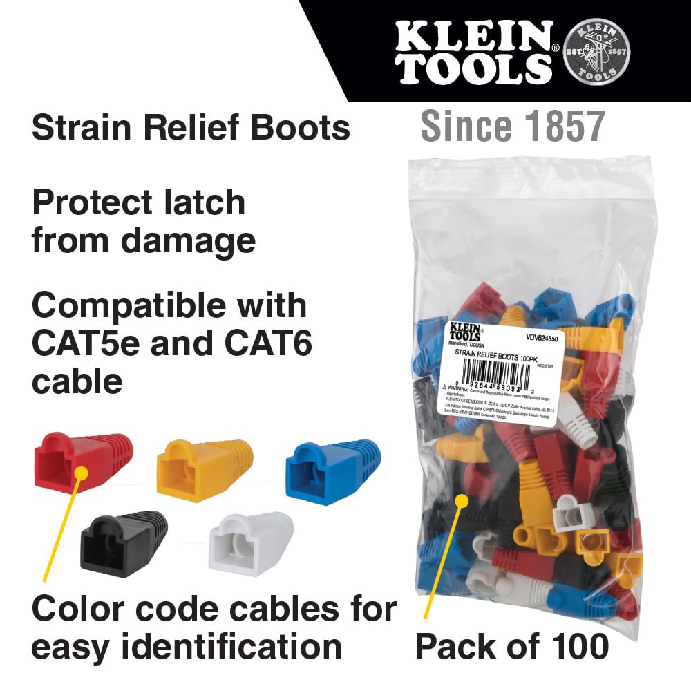 Klein Tools VDV824-650 CAT6 /CAT5e Data Ethernet Network RJ45 Terminated Strain Relief Boots, Latch Protection, Color Coded 100-Pack,White