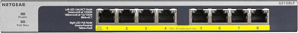 NETGEAR 8-Port Gigabit Unmanaged Switch, PoE/PoE+ 123W, Fanless, Rackmount, Plug-and-Play, ProSAFE Lifetime Protection (GS108PP)