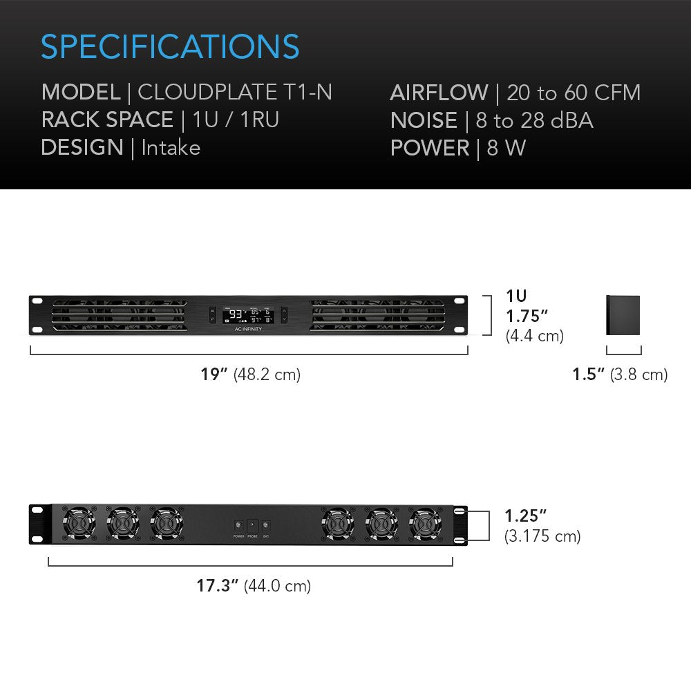 AC Infinity CLOUDPLATE T1-N, Rack Mount Fan Panel 1U, Intake Airflow, for cooling AV, Home Theater, Network 48cm Racks, 19-Inch