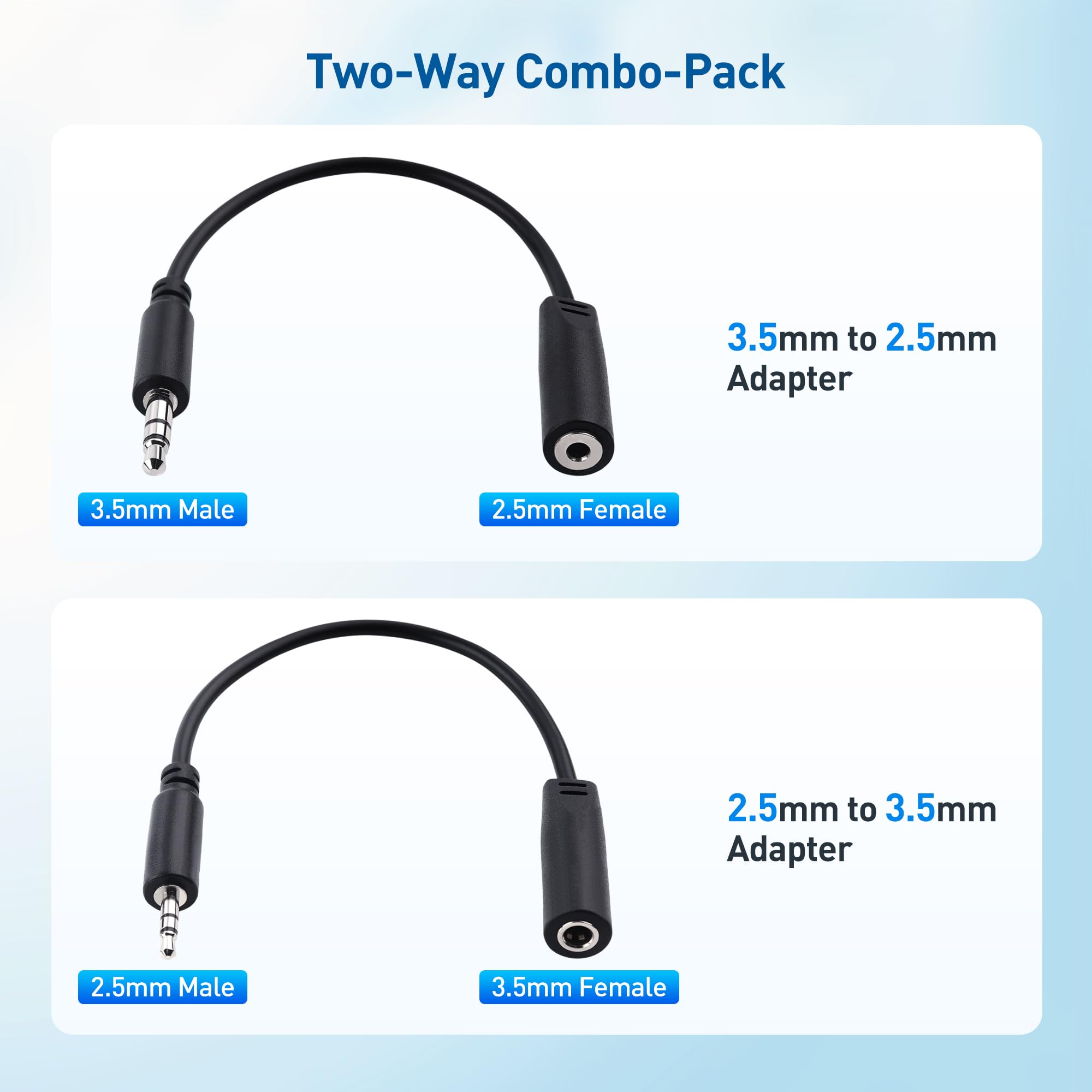 Cable Matters Combo-Pack TRS 2.5 mm and 3.5 mm Headphone Adapter Kit (1X 2.5mm to 3.5mm Converter and 1X 3.5mm to 2.5mm Converter) in Black - 4 Inches