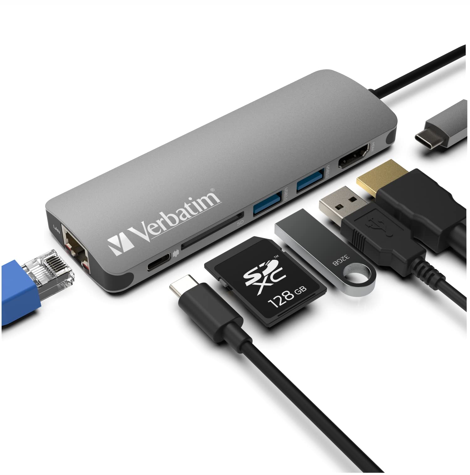 Verbatim 6-in-1 USB C Hub w/Dongle - USB Hub for Laptop w/ 2 USB 3.0, SD Card Reader, 4K HDMI, Ethernet, Compact & Portable USB-C Hub
