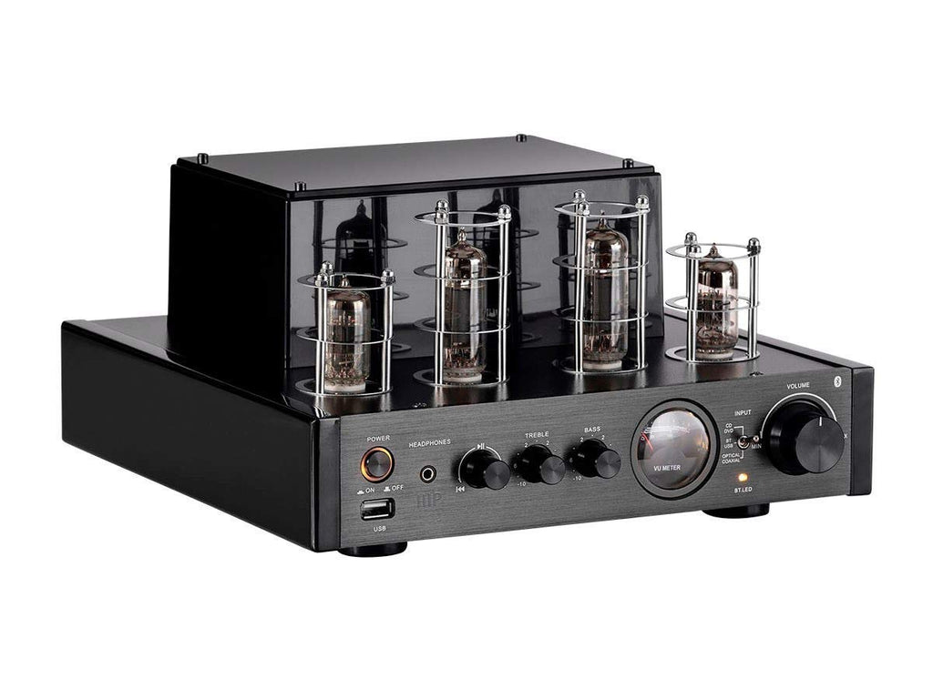 Monoprice 138360 25 Watt Stereo Hybrid Tube Amplifier 2019 Edition with Bluetooth Optical Coaxial and USB Inputs and Subwoofer Out
